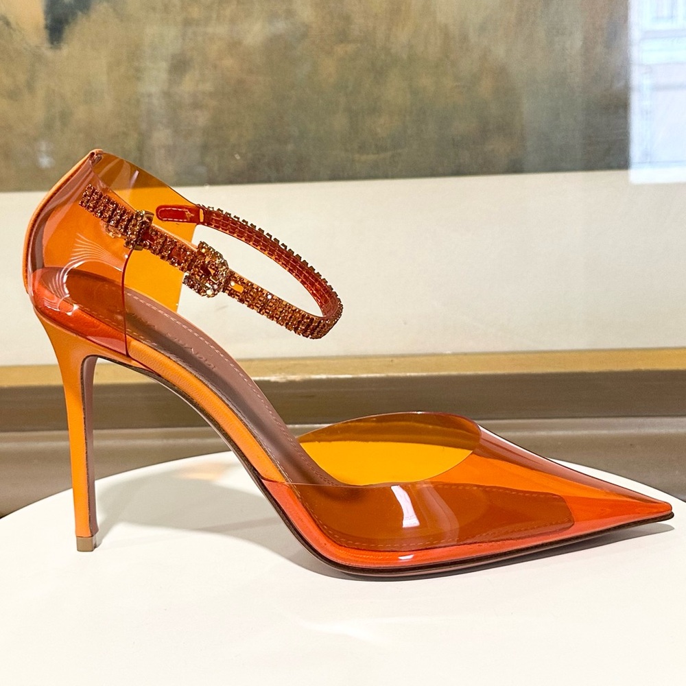🌹AMINA MUADDI🌹Ursina Crystal-embellished Pvc Leather Pumps In Orange Size: 37 - Picture 8 of 13
